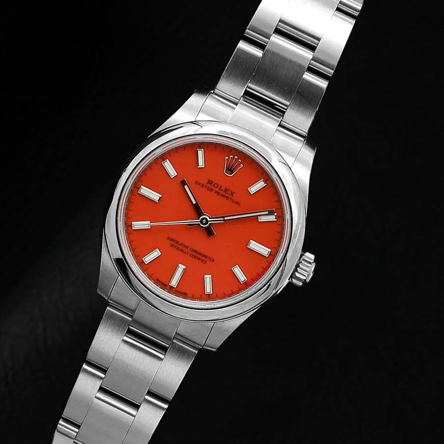 Rolex Oyster Perpetual 31mm Coral Red Luminous Dial Steel Men's Watch