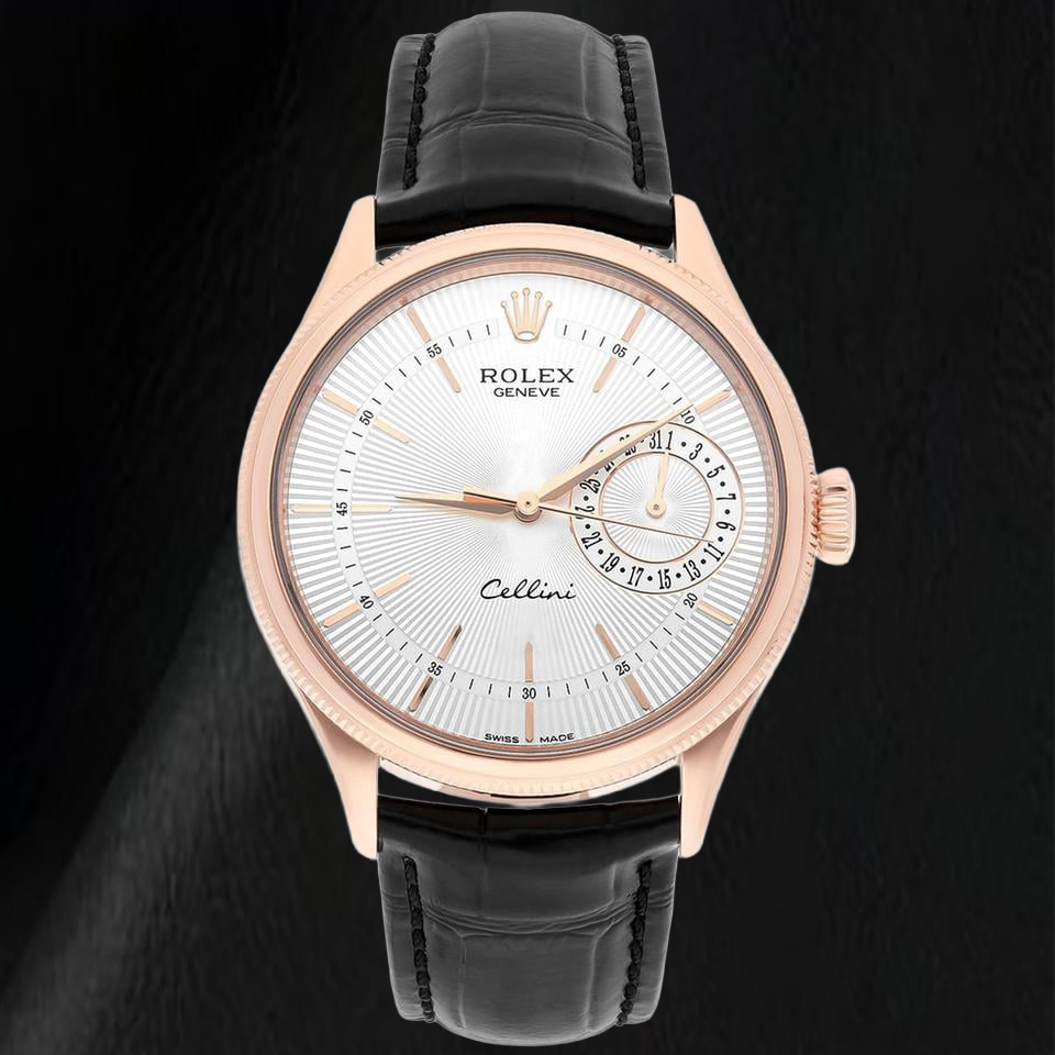 Rolex Oyster Perpetual 50515 39mm Silver Stick Dial Black Leather Strap Rose Gold Watch