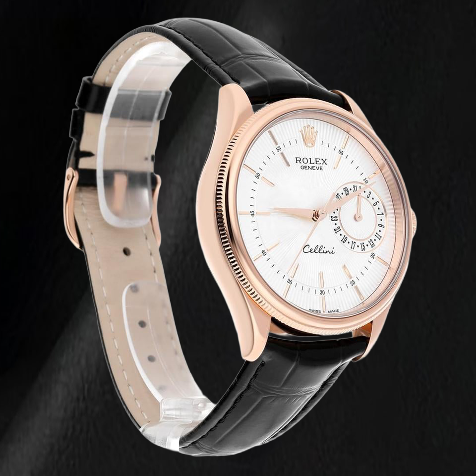 Rolex Oyster Perpetual 50515 39mm Silver Stick Dial Black Leather Strap Rose Gold Watch