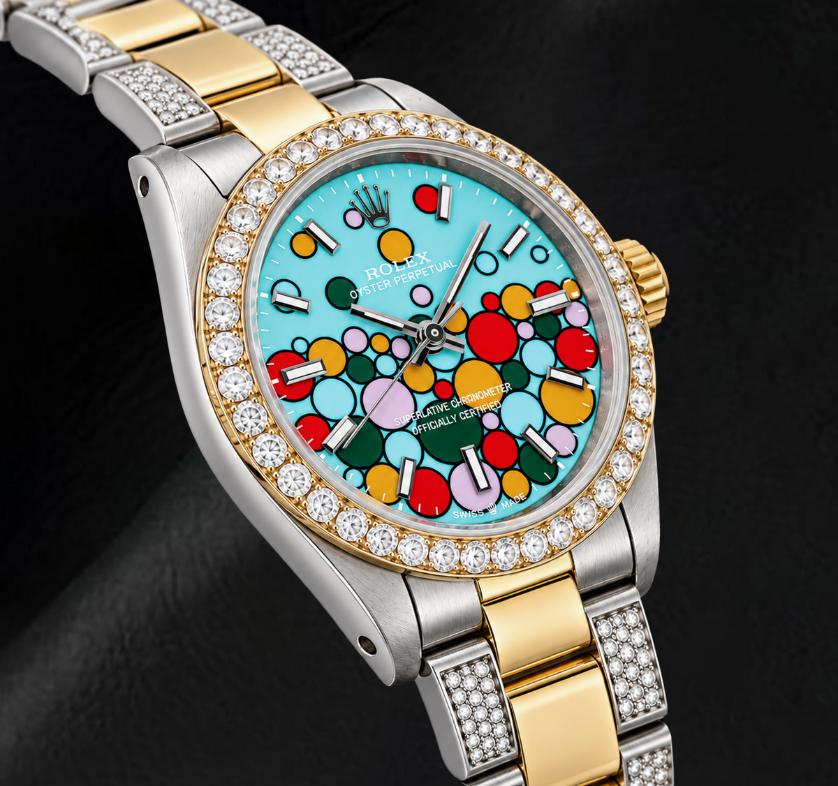 Rolex Oyster Perpetual 6748 31mm Turquoise Celebration Luminous Stick Dial Two Tone Watch