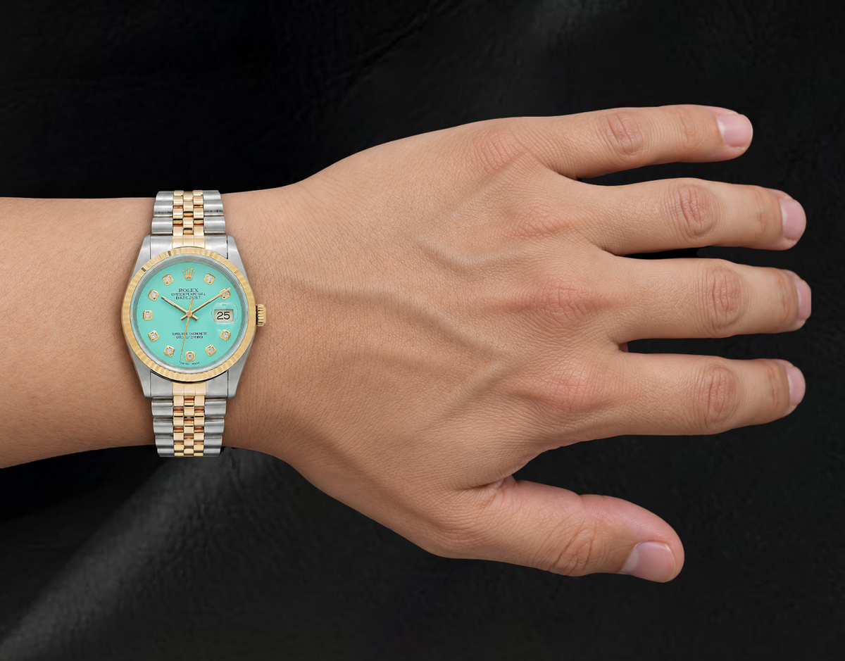 Rolex Turquoise Diamond Dial 16013 Datejust 36mm Fluted Bezel Watch Two Tone