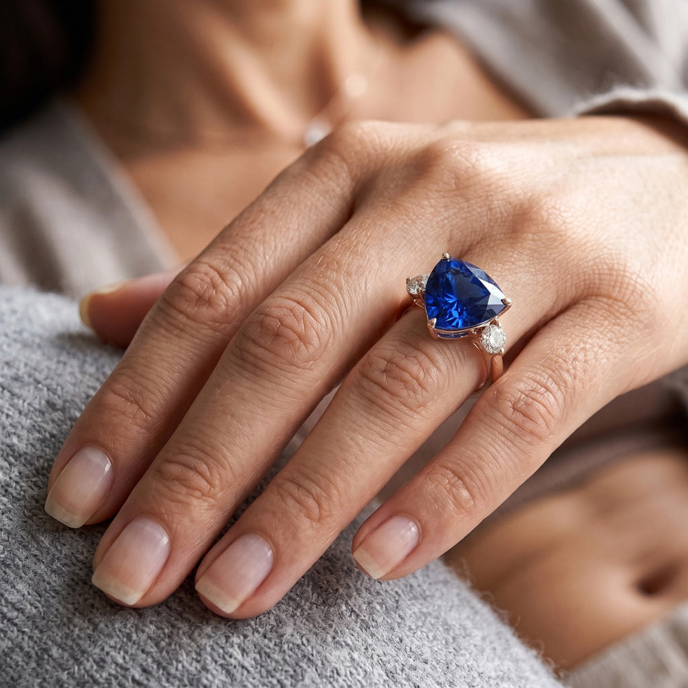 Rose Gold 3 Stone Trillion Sapphire & Round Natural Earth Mined Diamond Ring 1.75 Carats