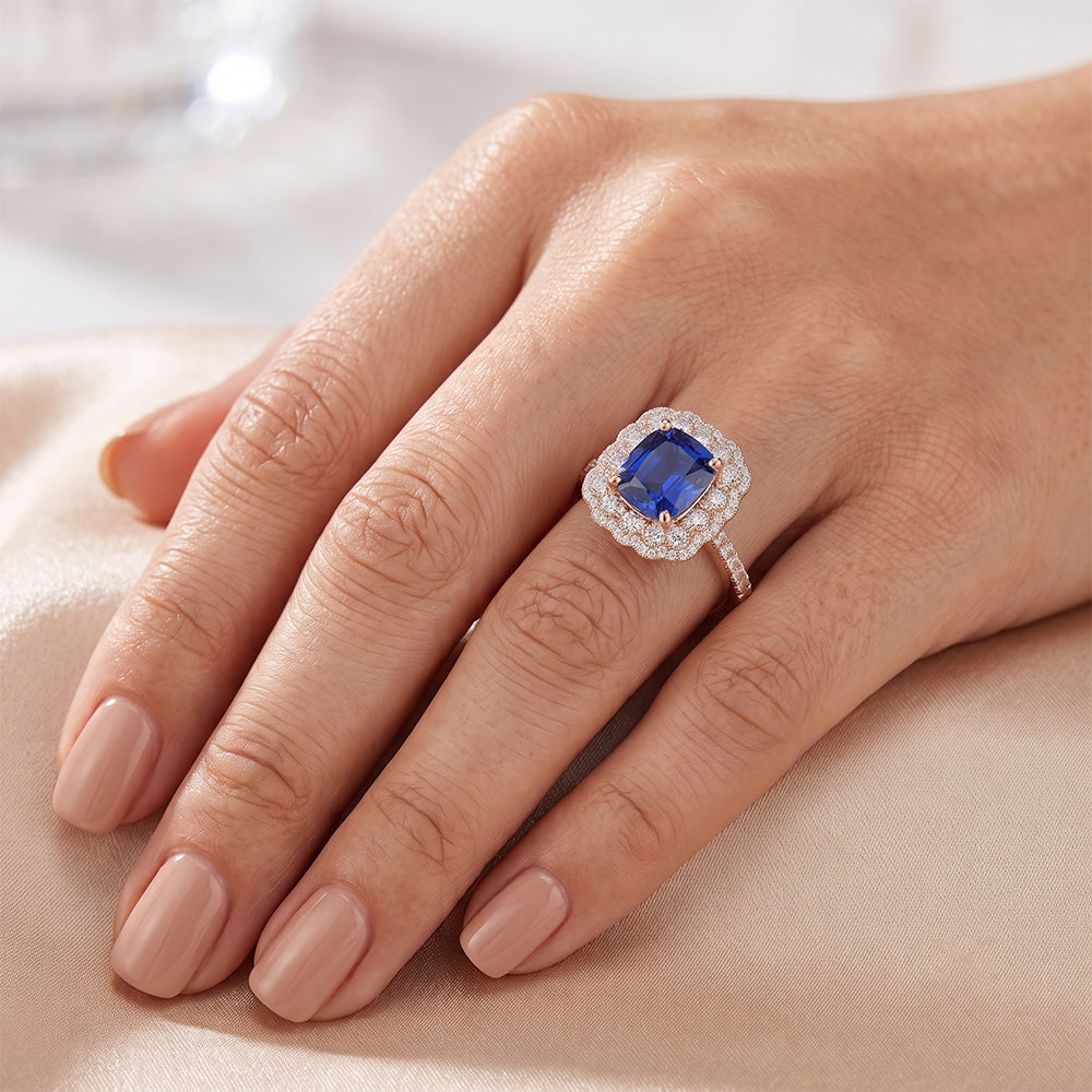 Rose Gold Halo Natural Earth Mined Diamond Ring Cushion Blue Sapphire Center 3.75 Carats