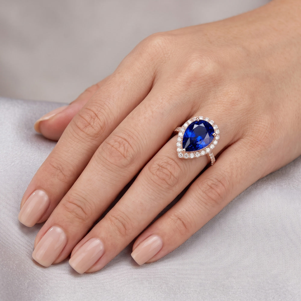 Rose Gold Halo Wedding Ring Ceylon Sapphire & Natural Earth Mined Diamonds 4 Carats