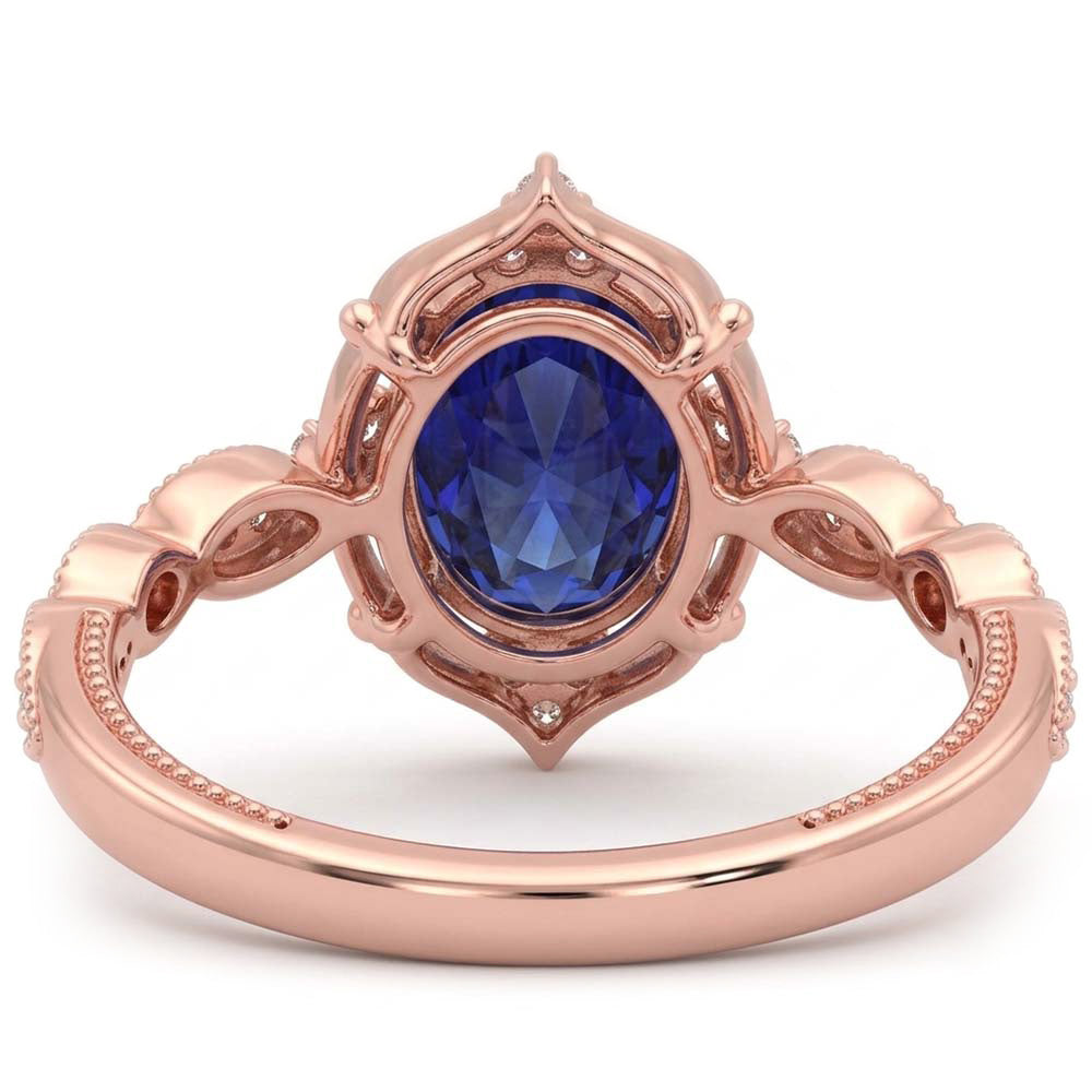 Rose Gold Natural Earth Mined Diamond Halo Vintage Style Blue Sapphire Ring 3 Carats