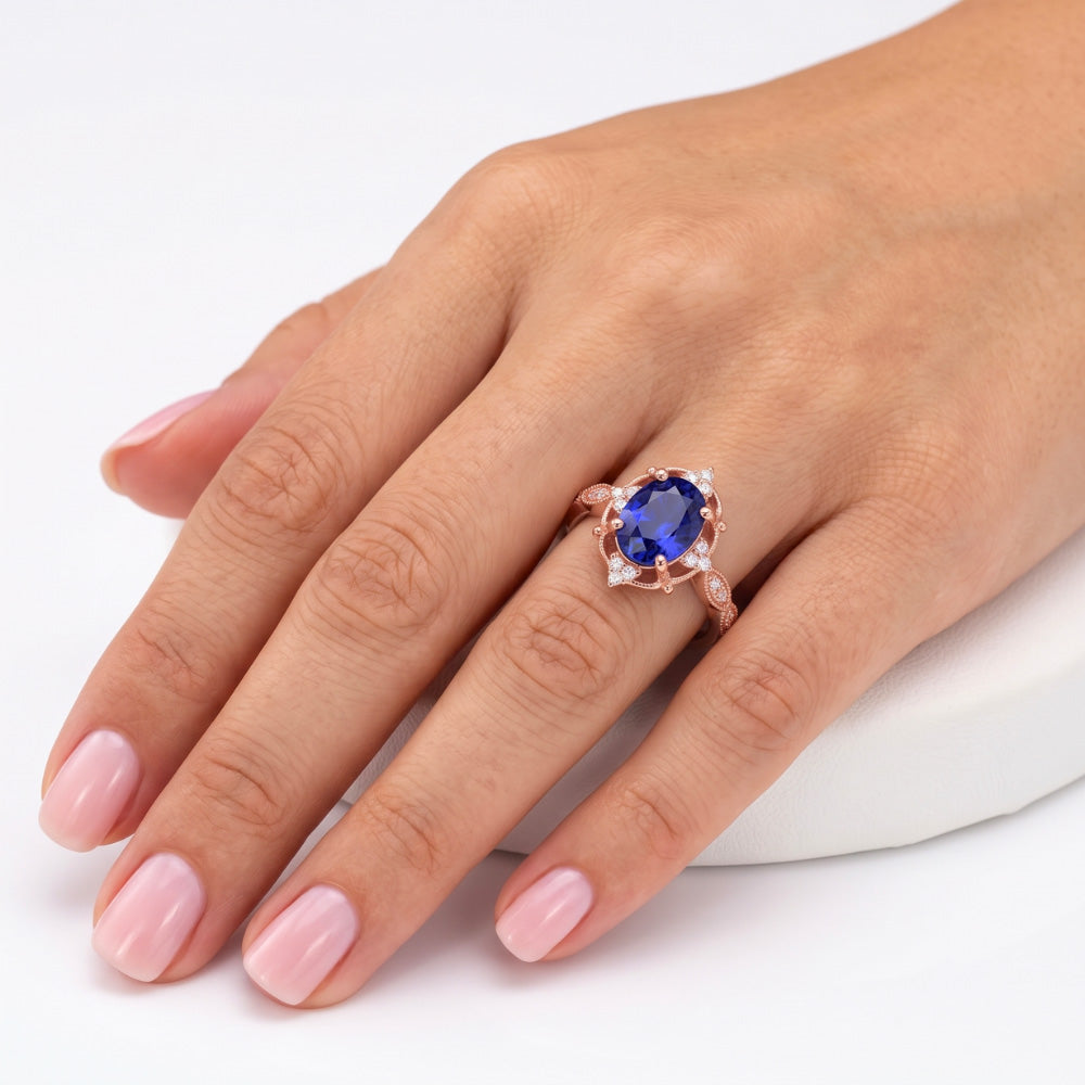 Rose Gold Natural Earth Mined Diamond Halo Vintage Style Blue Sapphire Ring 3 Carats
