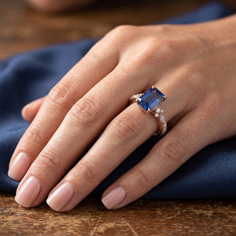 Rose Gold Natural Earth Mined Diamond Pave Setting Ring Radiant Blue Sapphire 4 Carats
