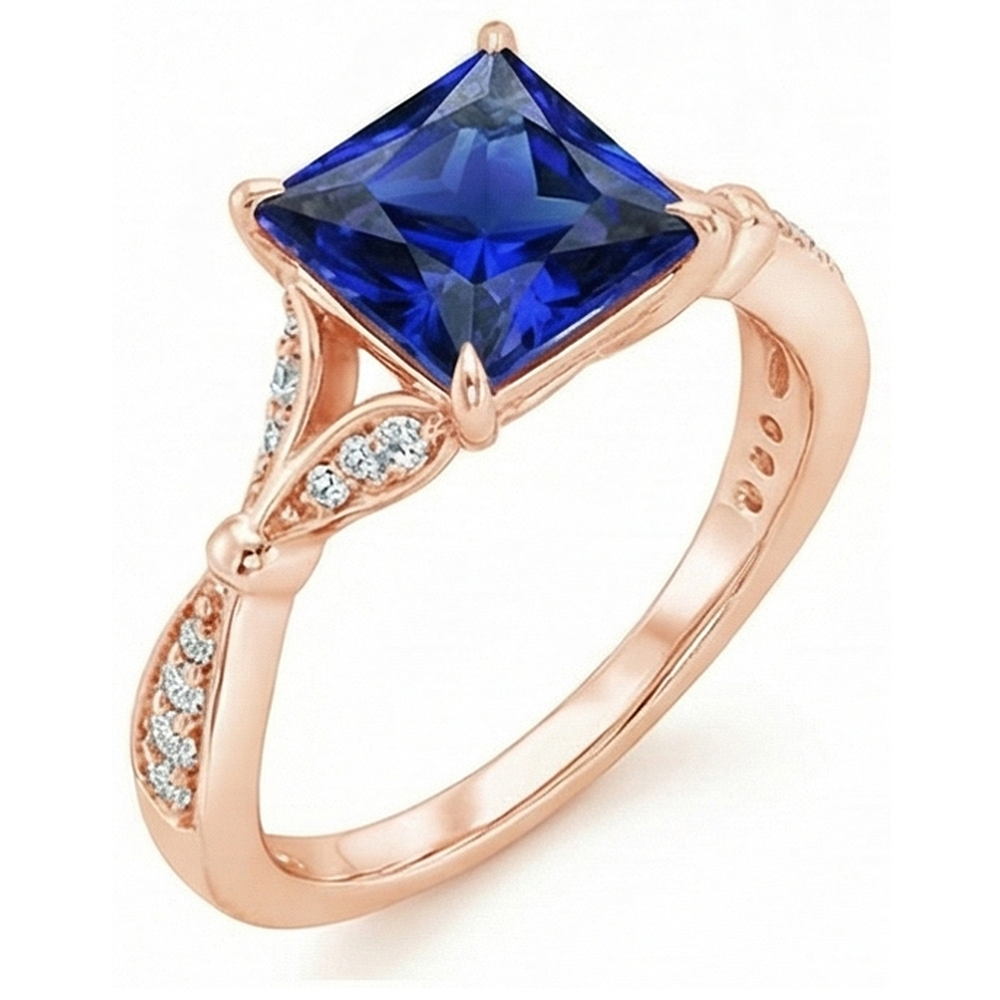Natural Real ( Not Lab Grown ) Rose Gold Ring With Accents Princess Cut Blue Sapphire 5.50 Carats