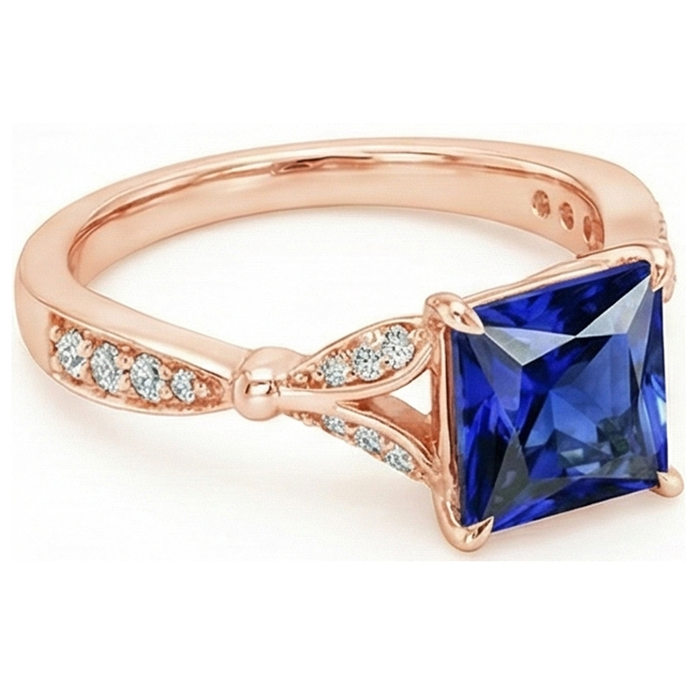Natural Real ( Not Lab Grown ) Rose Gold Ring With Accents Princess Cut Blue Sapphire 5.50 Carats