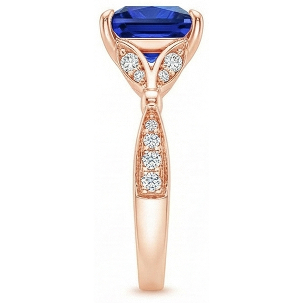 Natural Real ( Not Lab Grown ) Rose Gold Ring With Accents Princess Cut Blue Sapphire 5.50 Carats