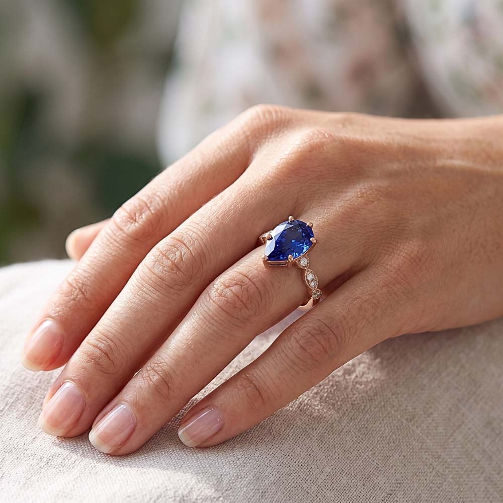 Rose Gold Sapphire Ring Vintage Style Pear & Round Natural Earth Mined Diamonds 4 Carats