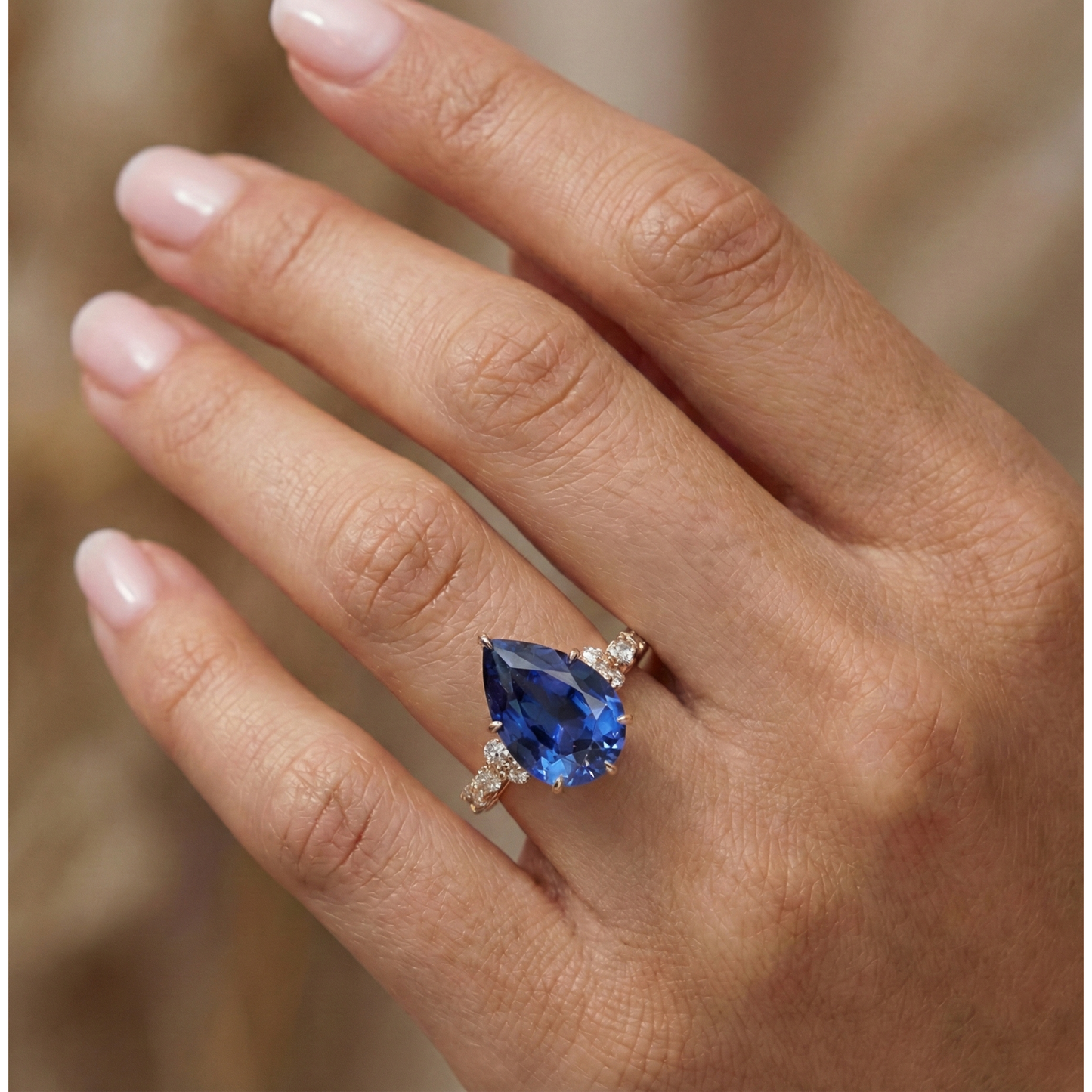 Rose Gold Natural Earth Mined Diamond Ring Pear Ceylon Sapphire Vintage Style 5.50 Carats