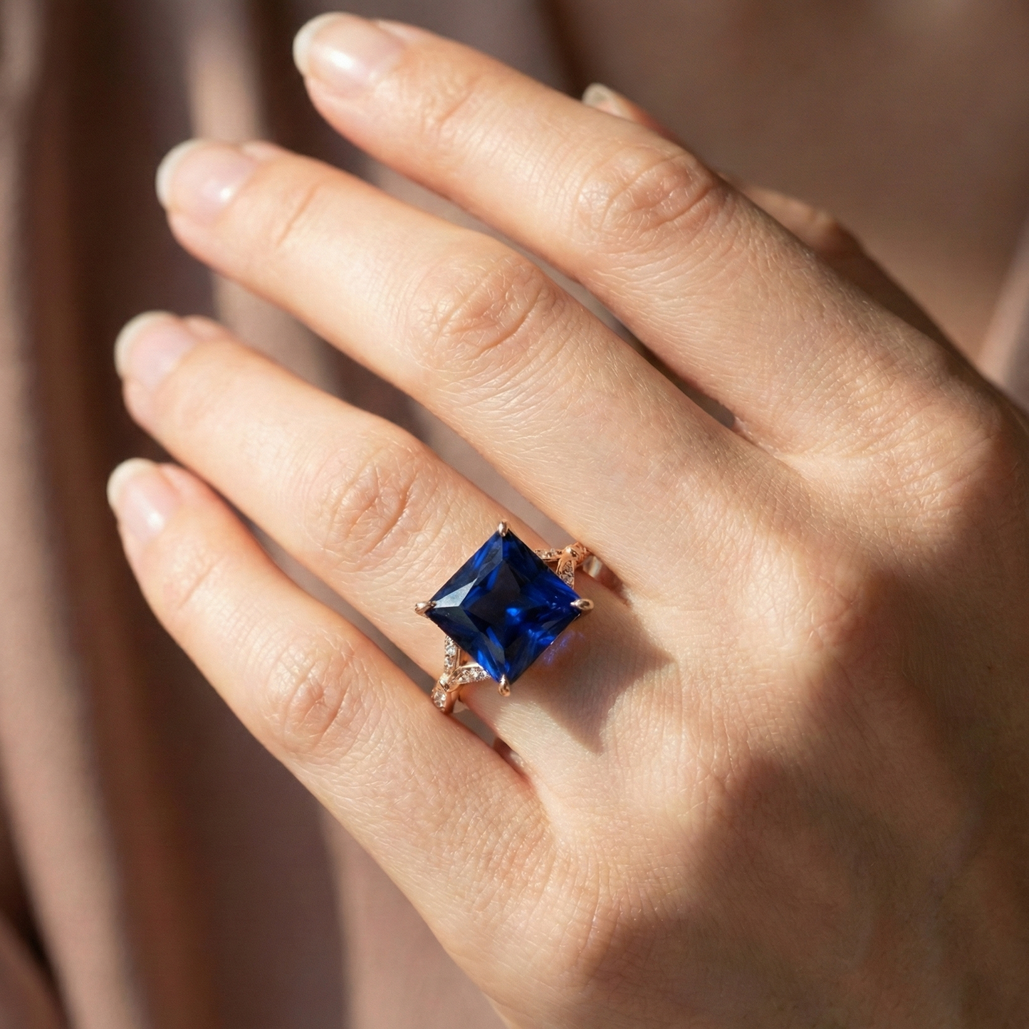 Natural Real ( Not Lab Grown ) Rose Gold Ring With Accents Princess Cut Blue Sapphire 5.50 Carats