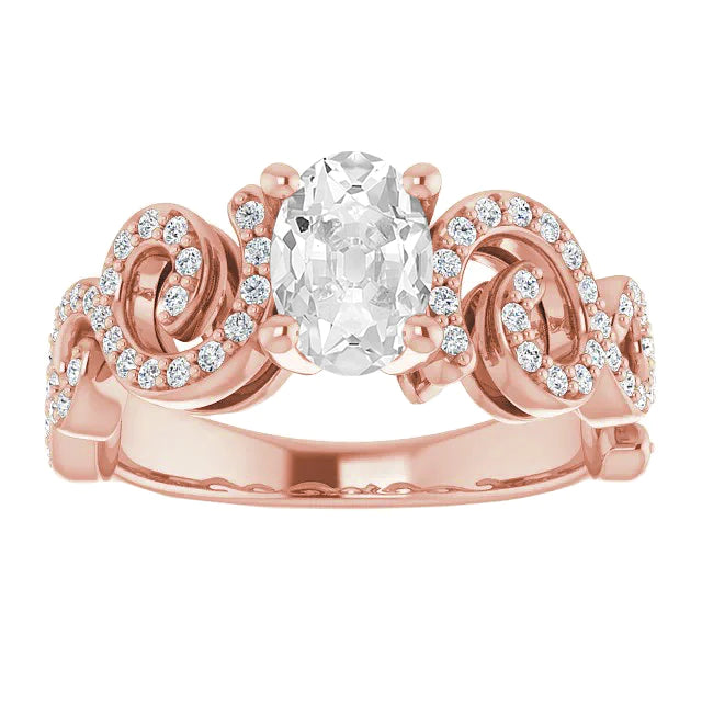 Rose Gold Round & Oval Old Cut Diamond Ring Twisted Style 4.50 Carats