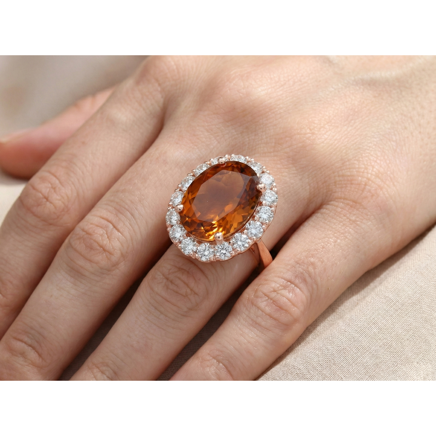 Rose Gold Oval Cut Madeira Citrine And Natural Earth Mined Diamond Wedding Ring 27.50 Ct