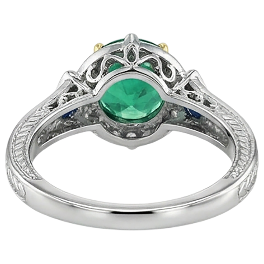 Natural Real ( Not Lab Grown ) Round Cut Green Emerald GIA & Sapphire Ring Halo Diamond Vintage Look