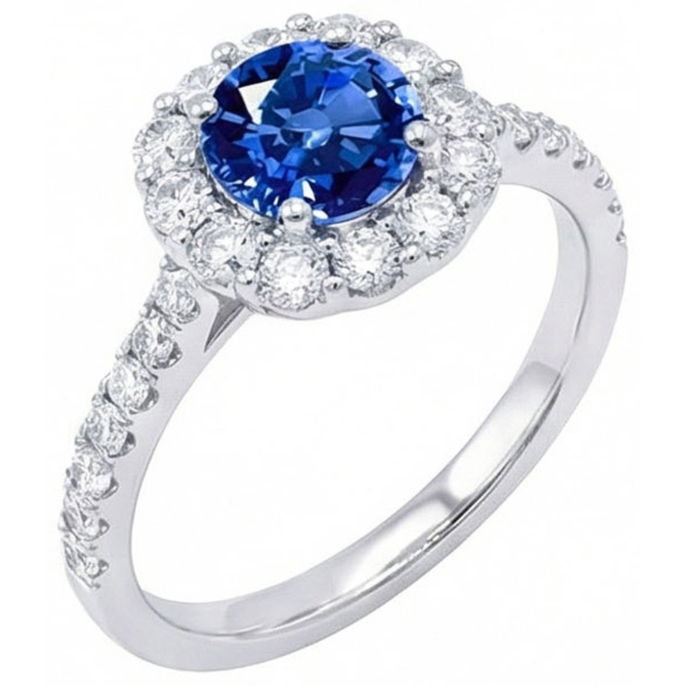 Round Cut Sri Lanka Sapphire Natural Earth Mined Diamond Ring Gold 14K 1.50 Carats