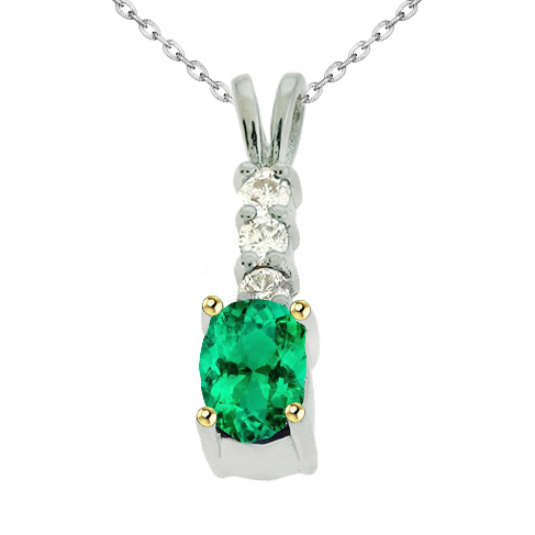 Round Diamond And Gemstone Pendant Green Emerald Necklace For Women
