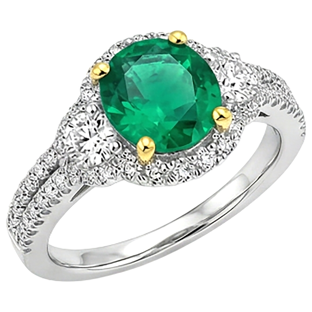 Natural Real ( Not Lab Grown ) Round Green Emerald GIA Engagement Ring Set