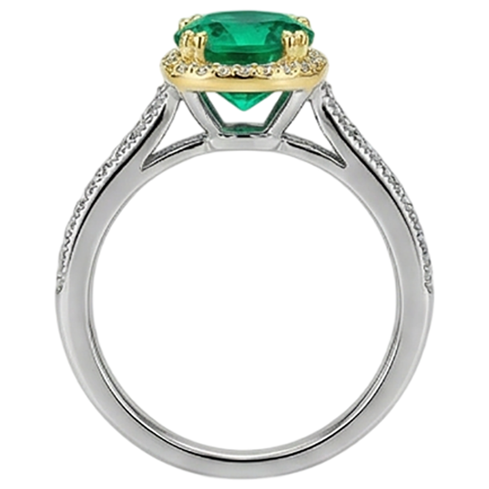 Natural Real ( Not Lab Grown ) Round Green Emerald GIA Halo Ring Two Tone Gold Milgrain