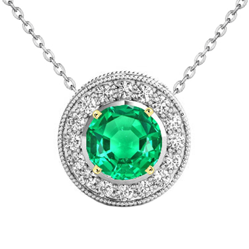 Round Halo Green Emerald Pendant With Chain Milgrain Style Jewelry