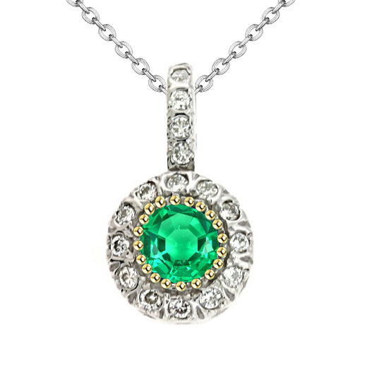 Round Halo Pendant Zambian Green Emerald Diamond Necklace