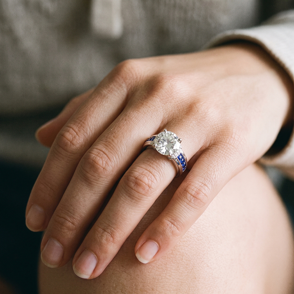 Round Natural Earth Mined Diamond Accented Blue Sapphire Stones Ring 3 Carats