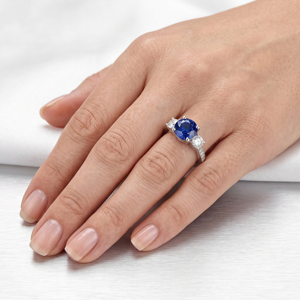 Round Natural Earth Mined Diamond Anniversary Blue Sapphire Ring 3 Carats Ladies Jewelry