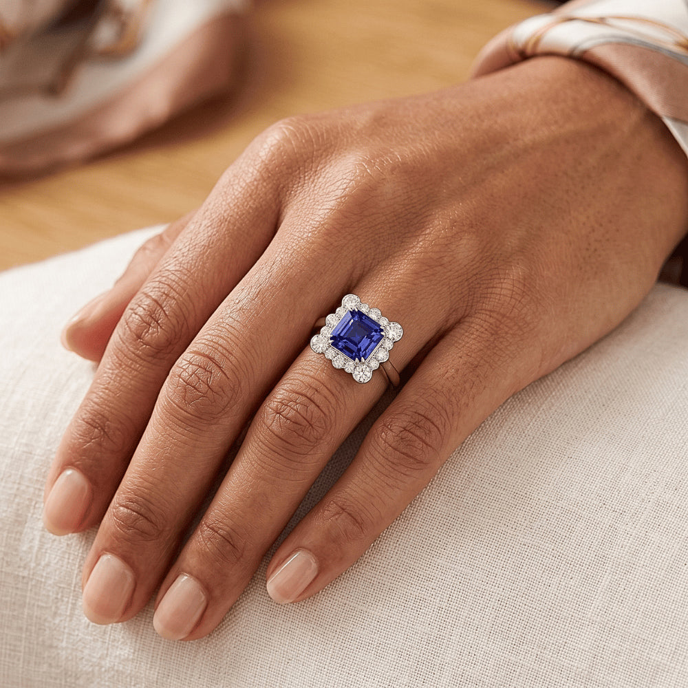 Round Natural Earth Mined Diamond Halo Jewelry Asscher Cut Women Sapphire Ring 3.50 Carats
