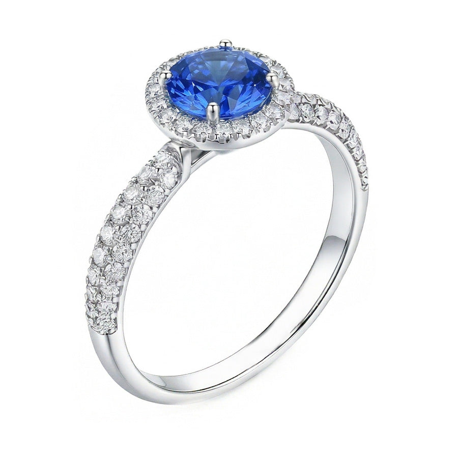 Round Natural Earth Mined Diamond Halo Ring Ceylon Sapphire Double Pave Accents 3 Carats