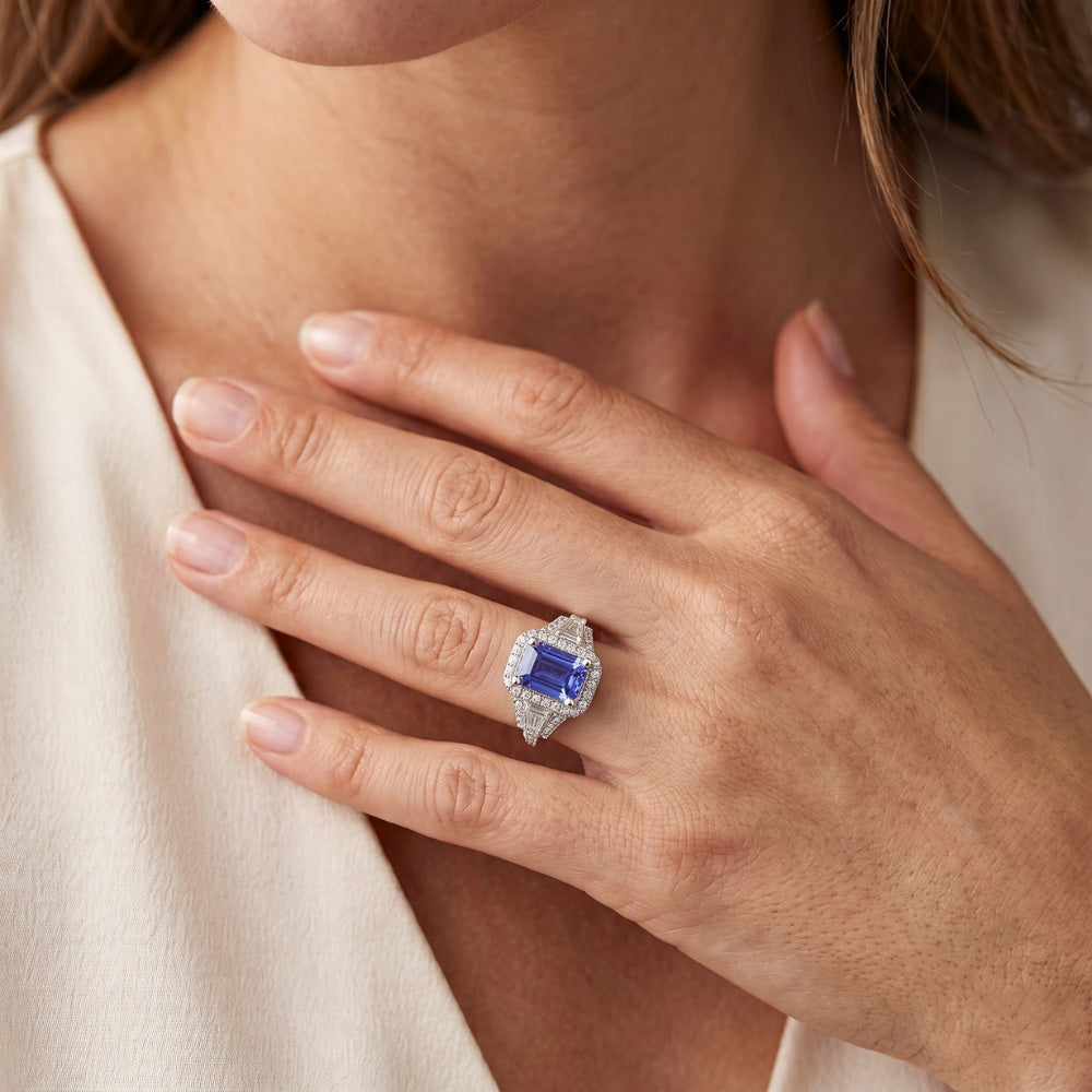 Round Natural Earth Mined Diamond Halo Sapphire Ring 4 Carats Baguette & Emerald Accents