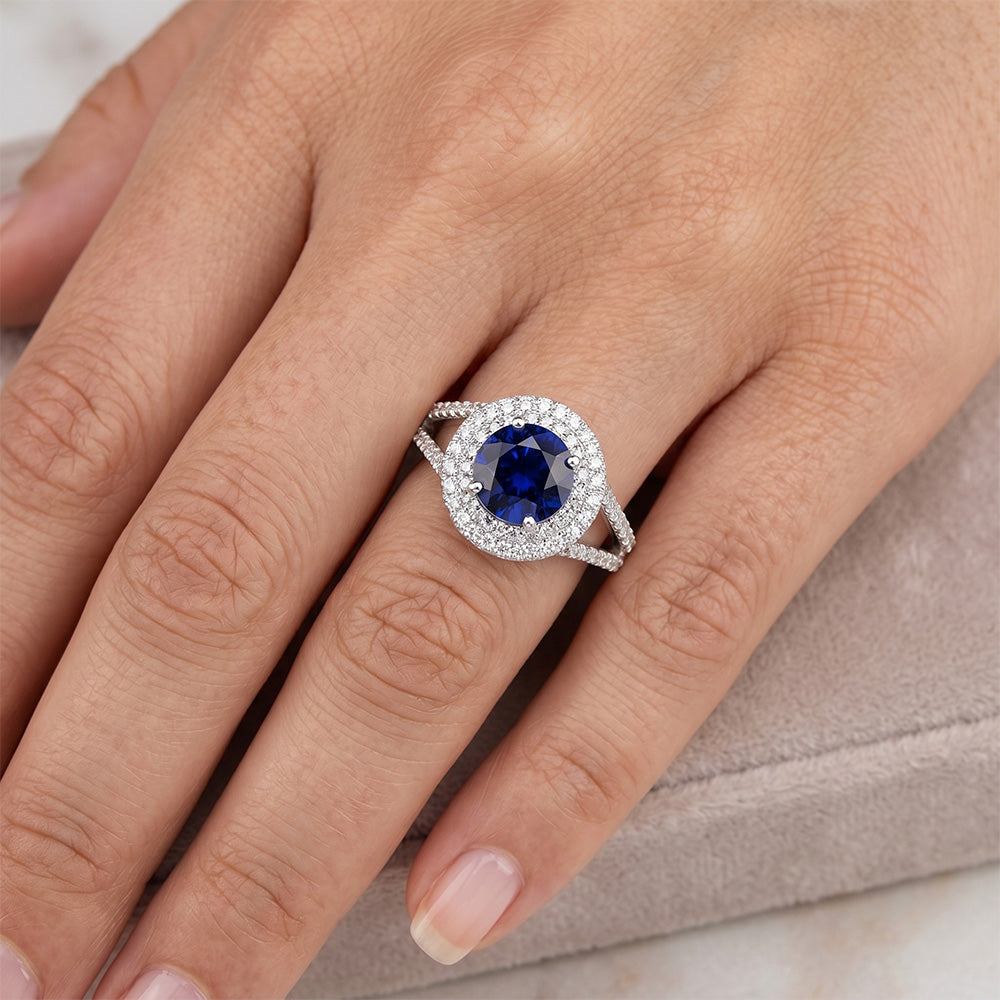 Round Natural Earth Mined Diamond Ring Halo Blue Sapphire 3.50 Carats New Gemstone Gold
