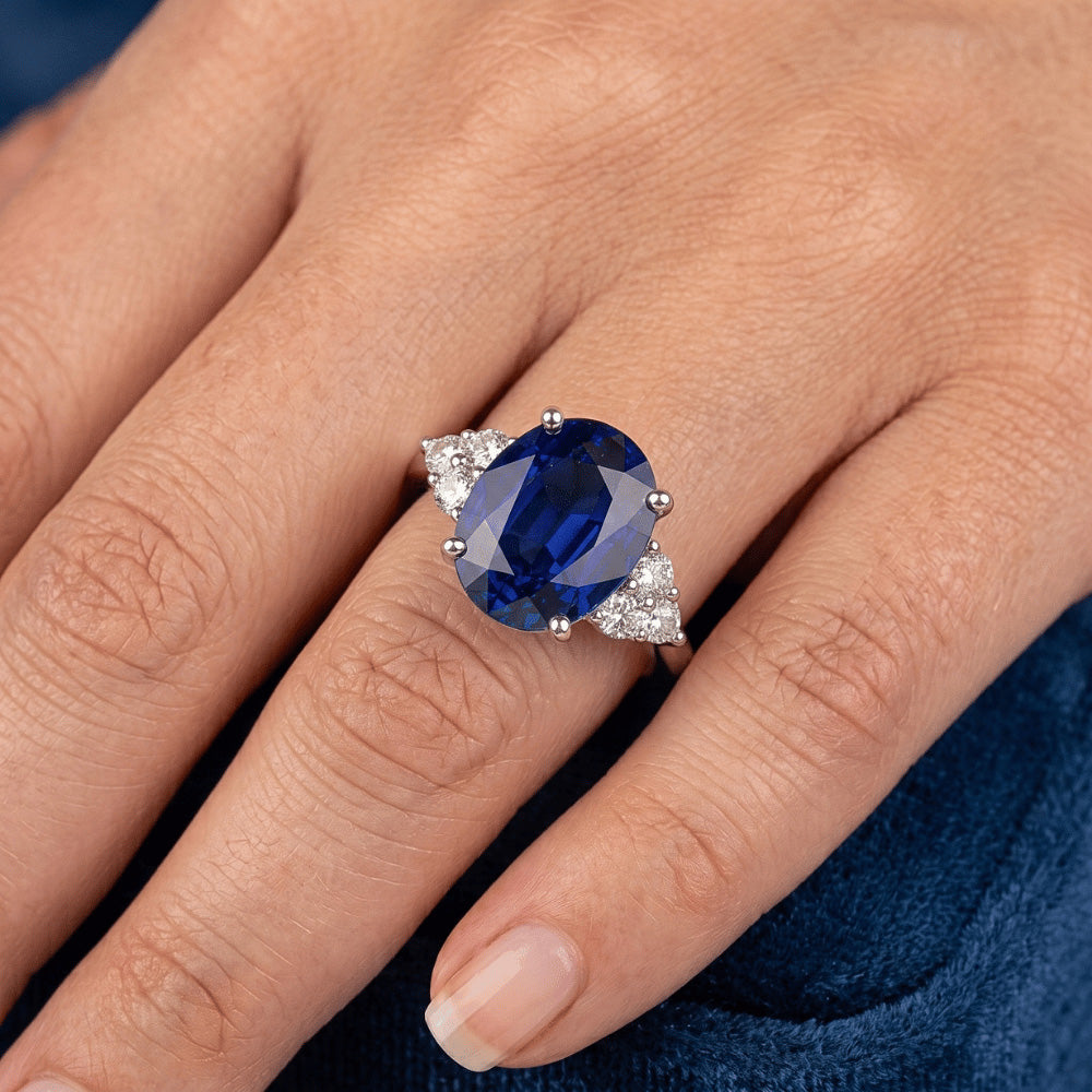 Round Natural Earth Mined Diamond Ring Oval Sri Lankan Sapphire 8.25 Carats