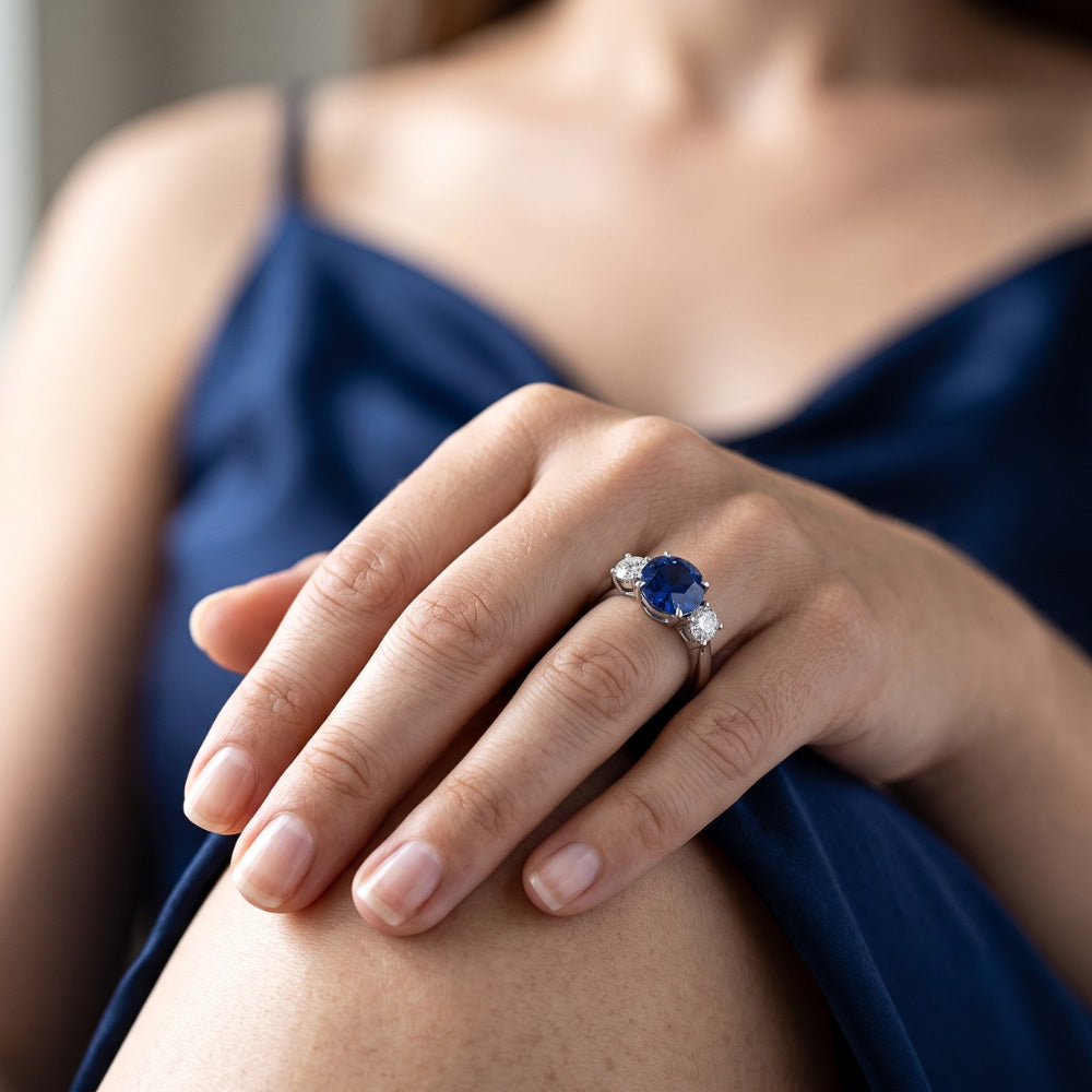 Round Natural Earth Mined Diamond Three Stone Blue Sapphire Ring 2.25 Carats