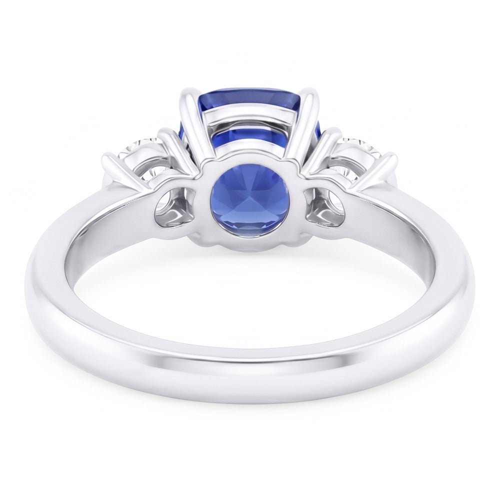 Round Natural Earth Mined Diamond Three Stone Cushion Sri Lankan Sapphire Ring 2 Carats
