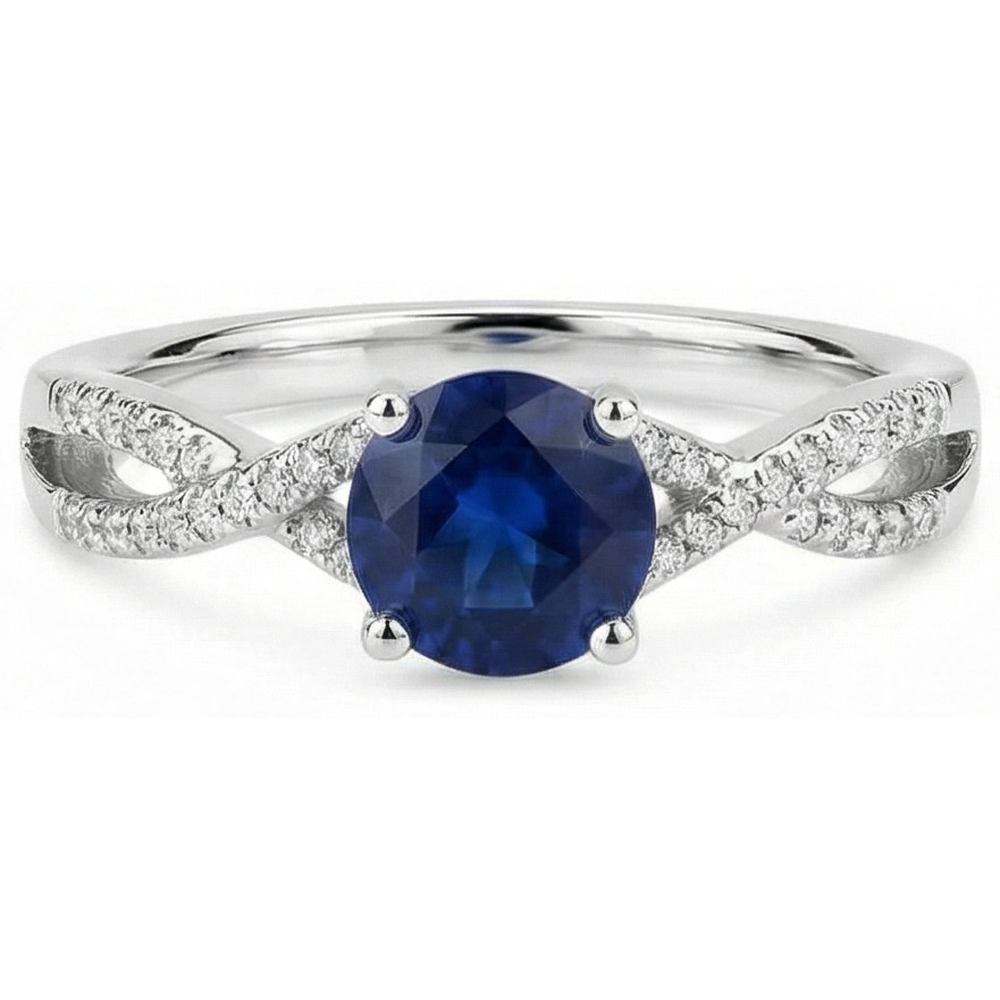 Round Sapphire And Natural Earth Mined Diamond Engagement Ring