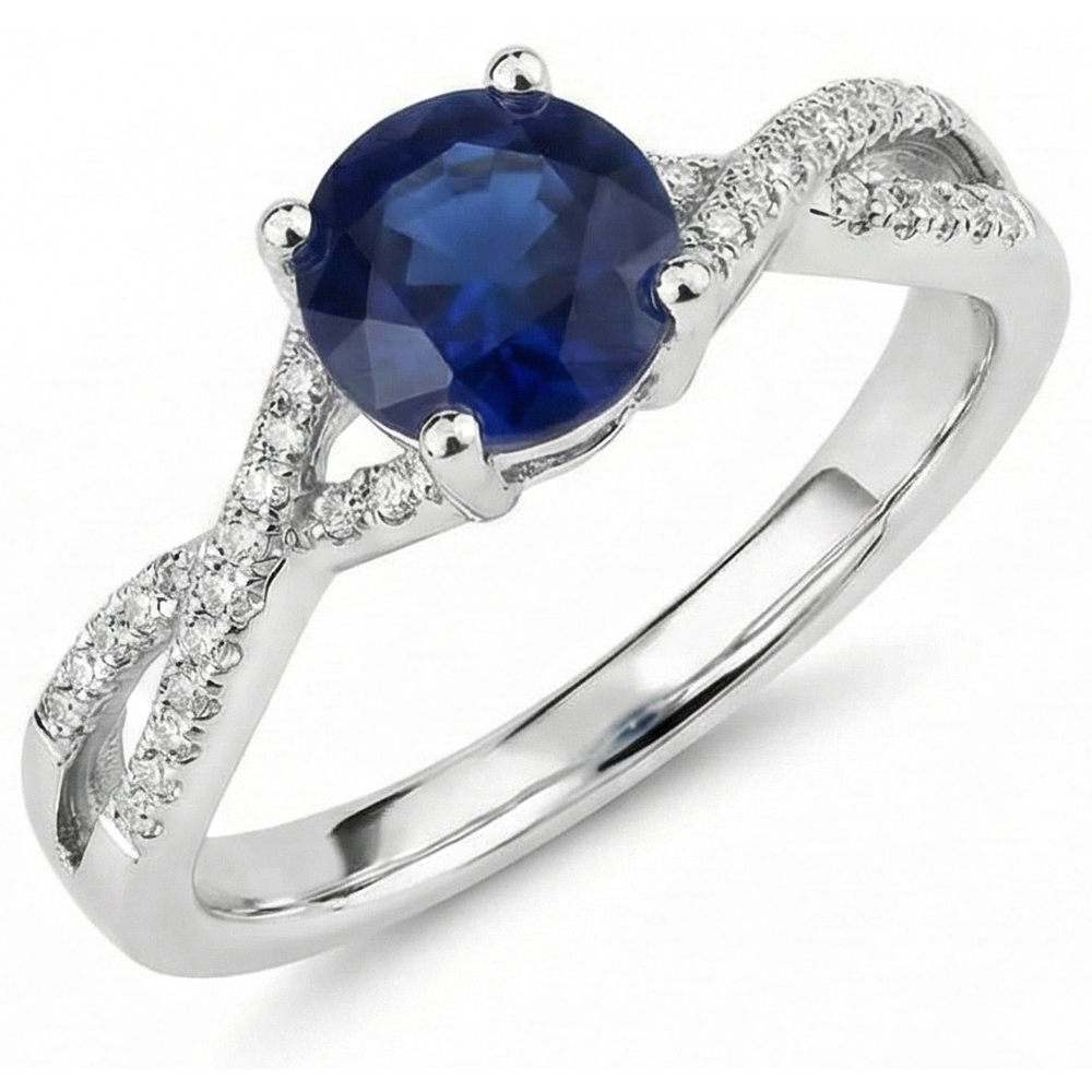 Round Sapphire And Natural Earth Mined Diamond Engagement Ring