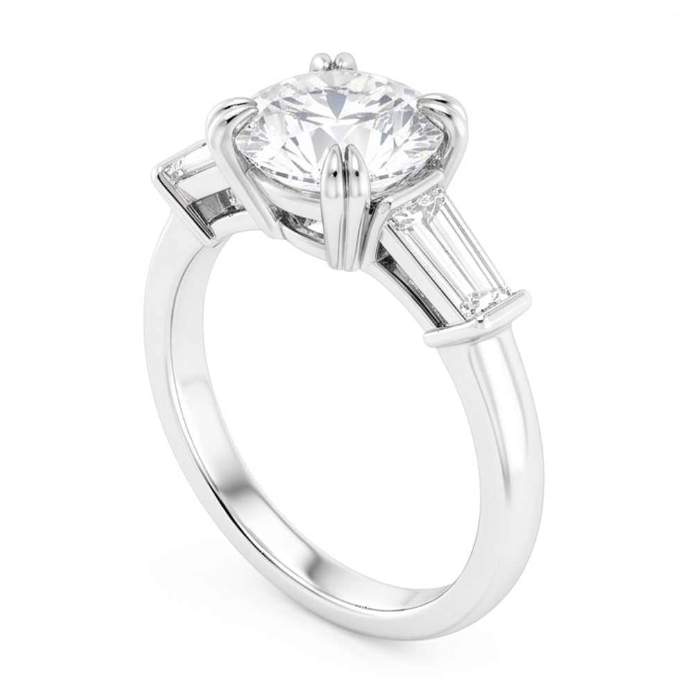 Round With Baguette Natural Real Diamond ( Not Lab Grown ) 3 Stone Ring White Gold 2.30 Carats