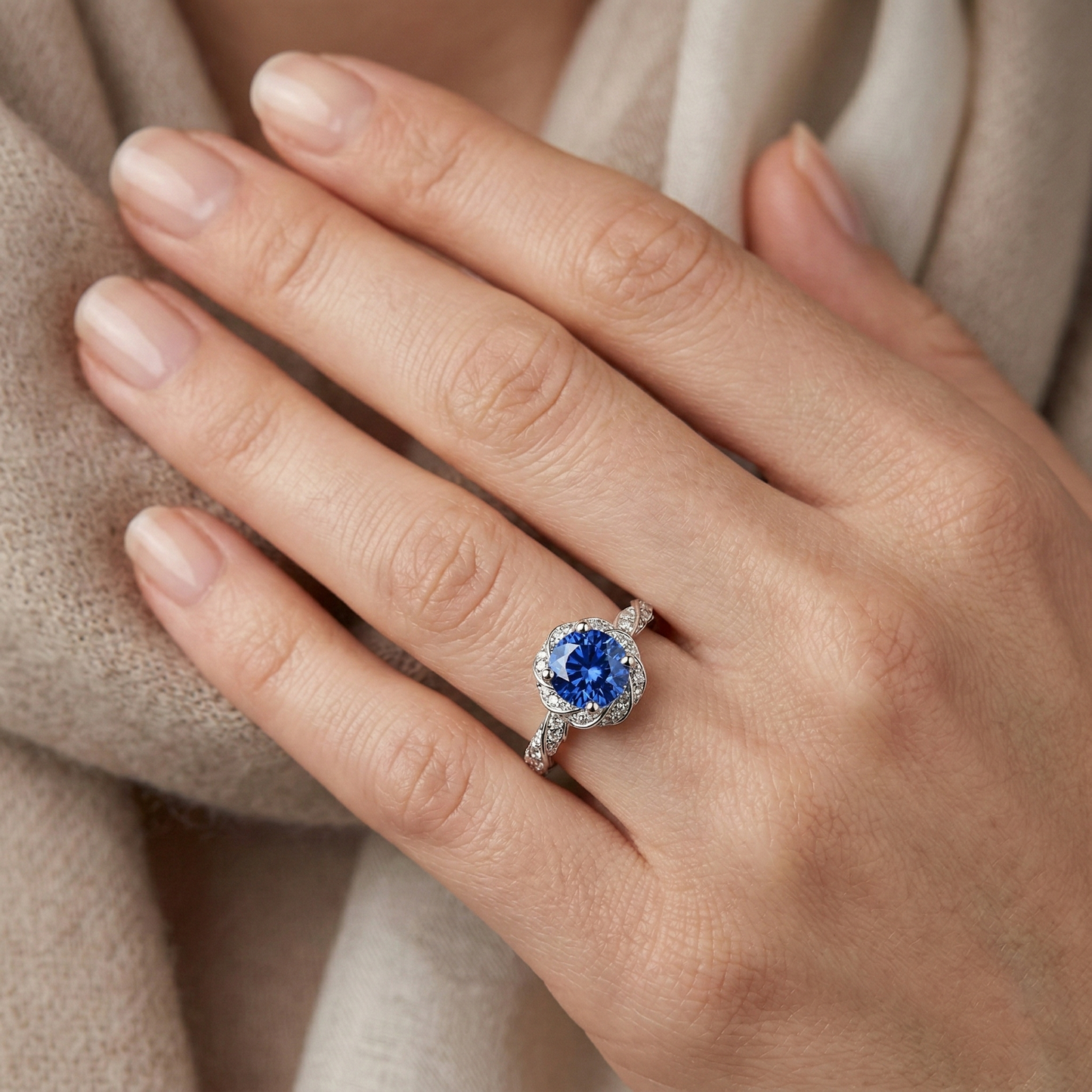 Round Ceylon Sapphire Gem Stone Natural Earth Mined Diamond Ring White Gold 14K 2.15 Ct.