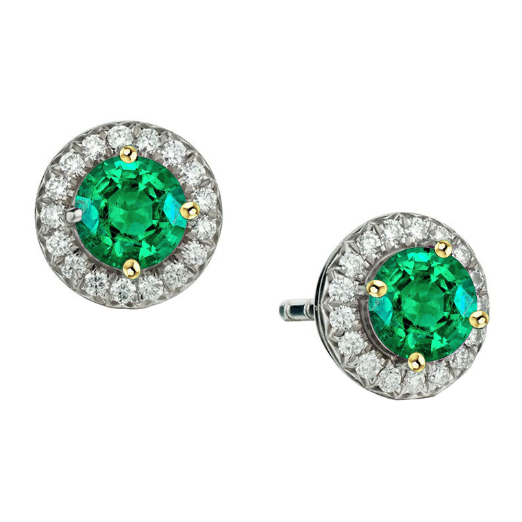 Round Diamond And Green Emerald Earrings Halo Stud For Women