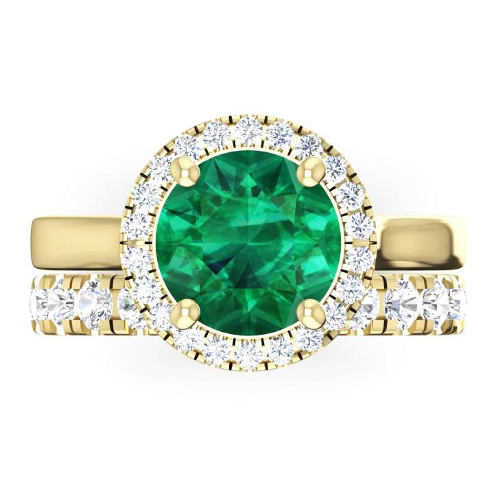 Natural Real ( Not Lab Grown ) Round Green Emerald GIA Yellow Gold Ring Set