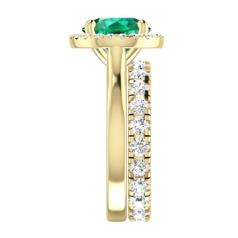 Natural Real ( Not Lab Grown ) Round Green Emerald GIA Yellow Gold Ring Set