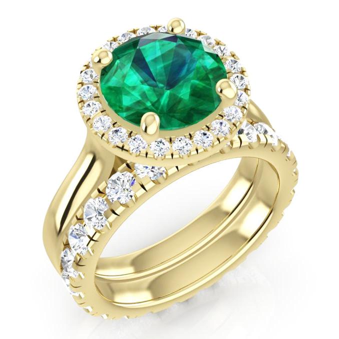 Natural Real ( Not Lab Grown ) Round Green Emerald GIA Yellow Gold Ring Set