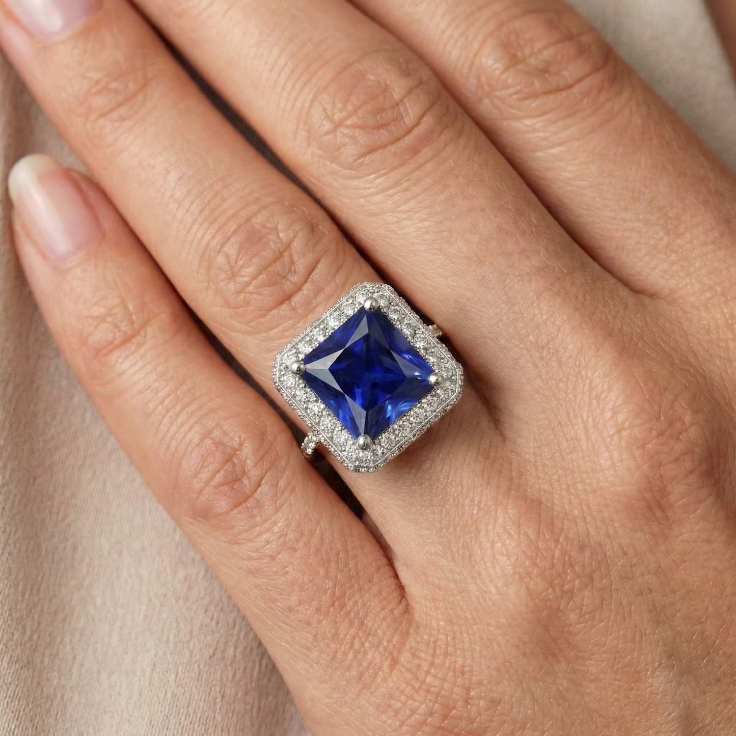 Round Natural Earth Mined Diamond Halo Ring With Princess Cut Blue Sapphire Center 6 Carat