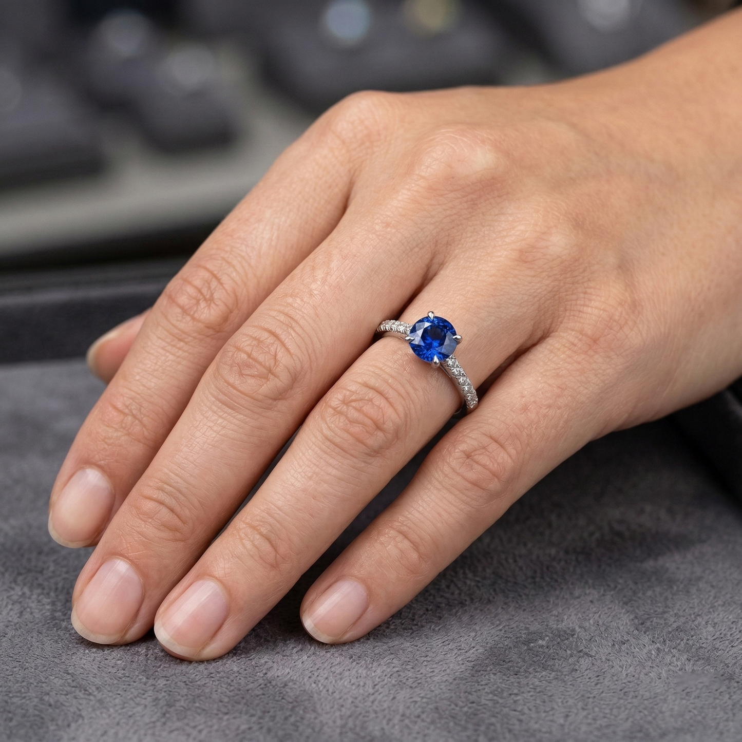 Round Sri Lanka Sapphire Ring Natural Earth Mined Diamond Jewelry White Gold 14K