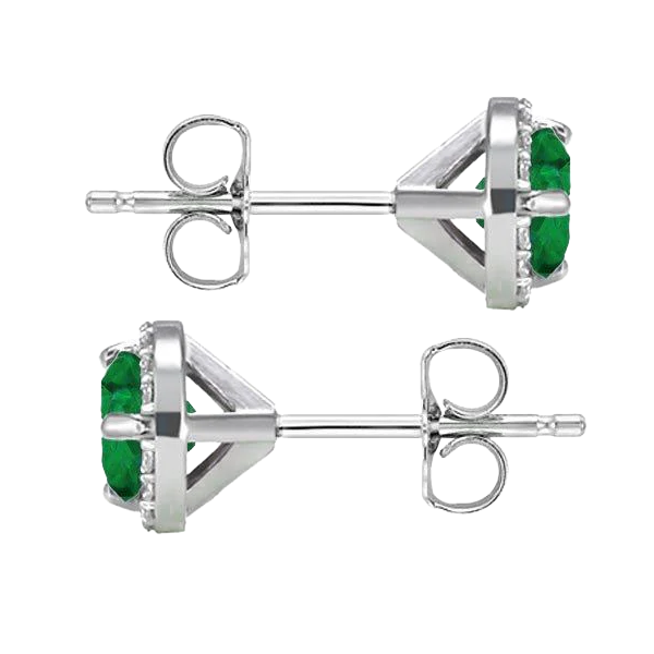Round Green Emerald With Halo Natural Earth Mined Diamond Stud Earring 3.70 Carat White Gold 14K