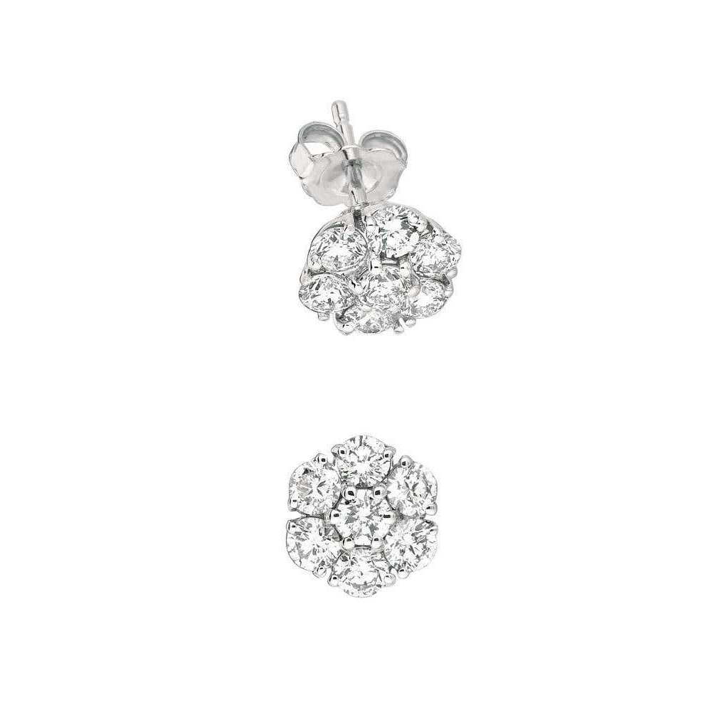 Round Natural Earth Mined Diamond Stud Earring Flower Style 1.50 Carat White Gold 14K