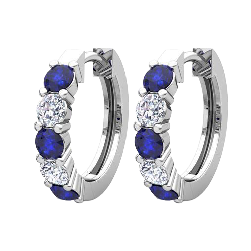 Round Sapphire And Natural Earth Mined Diamond Hoop Earrings
