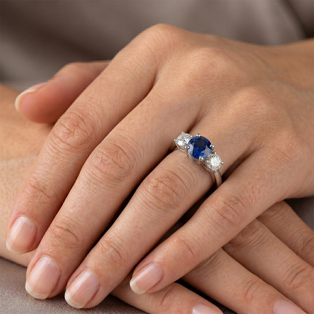 Sapphire And Natural Earth Mined Diamond 3 Stone Ring