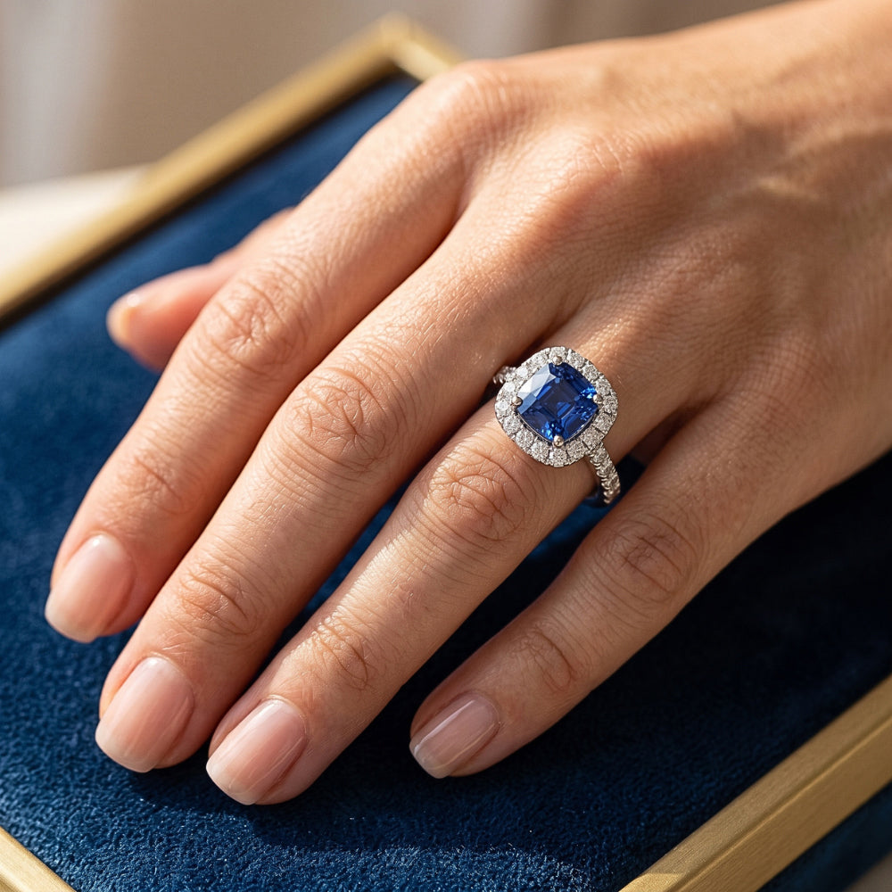 Sapphire Halo Engagement Ring 3.50 Carats Cushion & Round Natural Earth Mined Diamonds